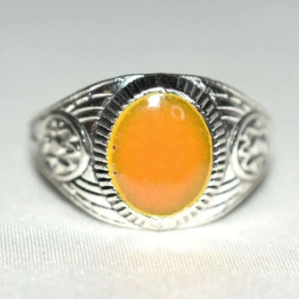 NWOT Oval Orange Flat Stone Etched Floral Silver Tone Sizes 9,10,11 & 12 Rings